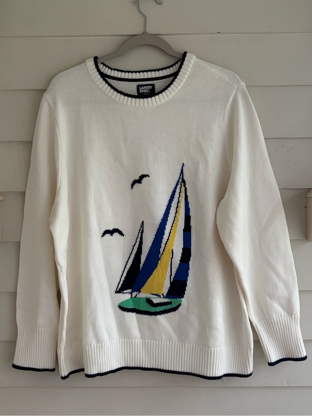 Lands' End Plus Size 2X Cotton Drifter Sailboat Crewneck Sweater Ivory NWT